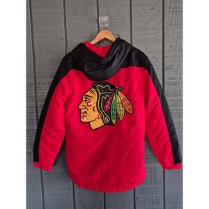 NHL Chicago Blackhawks Jacket Mens Full Zip Hooded Red Black Coat (Medium)‎
